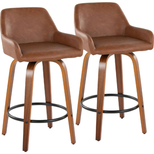 Daniella 26" Swivel Counter Stool in Walnut Wood & Camel Leatherette with Black Footrest (Set of 2)